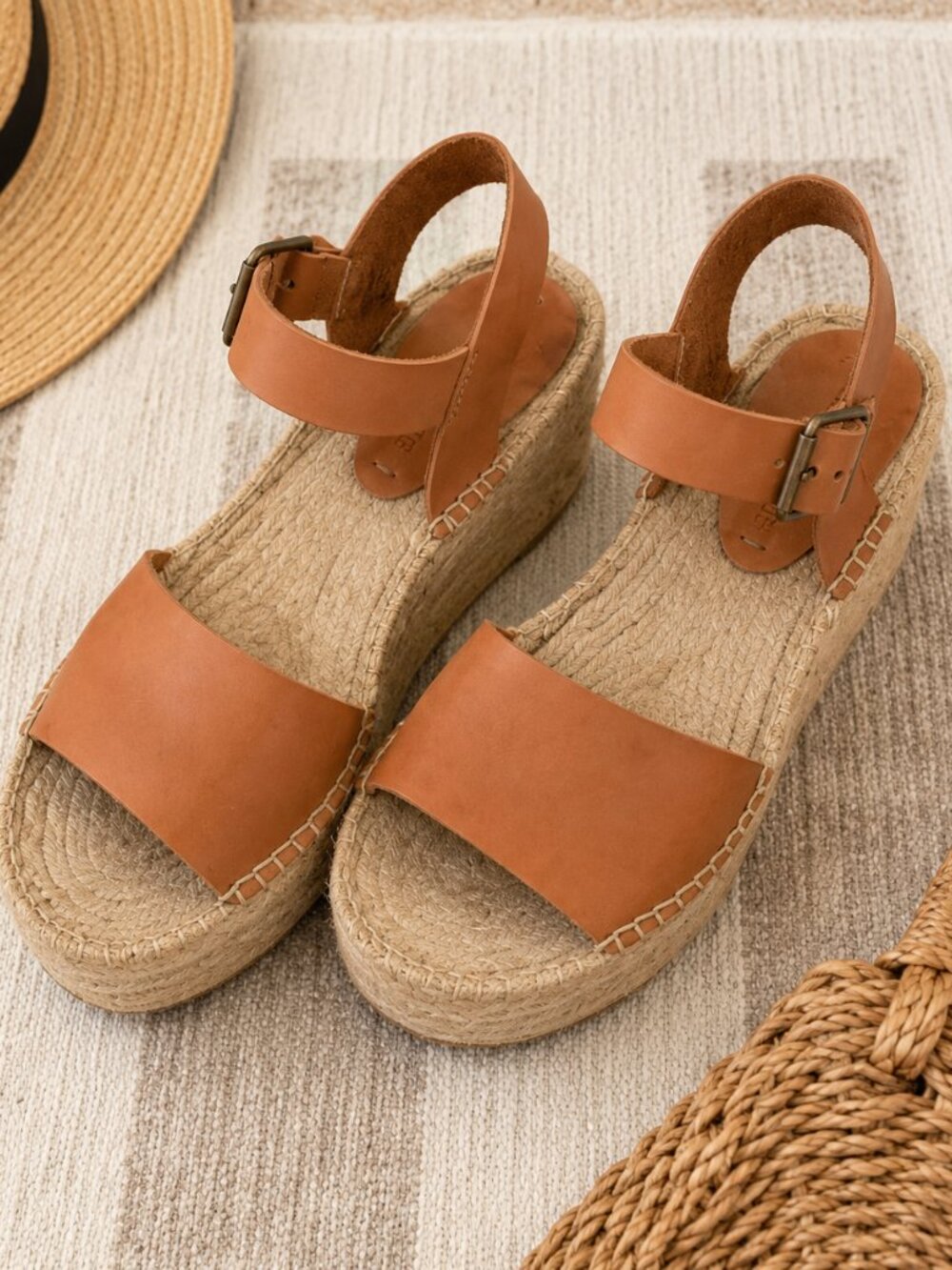 Soludos Platform Espadrille Sandals Leather Tan Cognac Size 8 Ankle Strap
